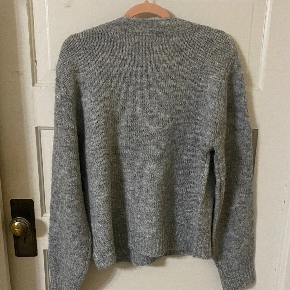 100% Cashmere Gray Sweater with White and Black Accent Embellished with Pearls.